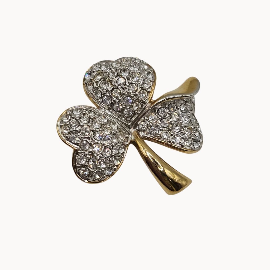 Vtg Brooch Lucky 3 Leaf Clover Shiny Glam Elegant Gift Rhinestone Irish Shamrock